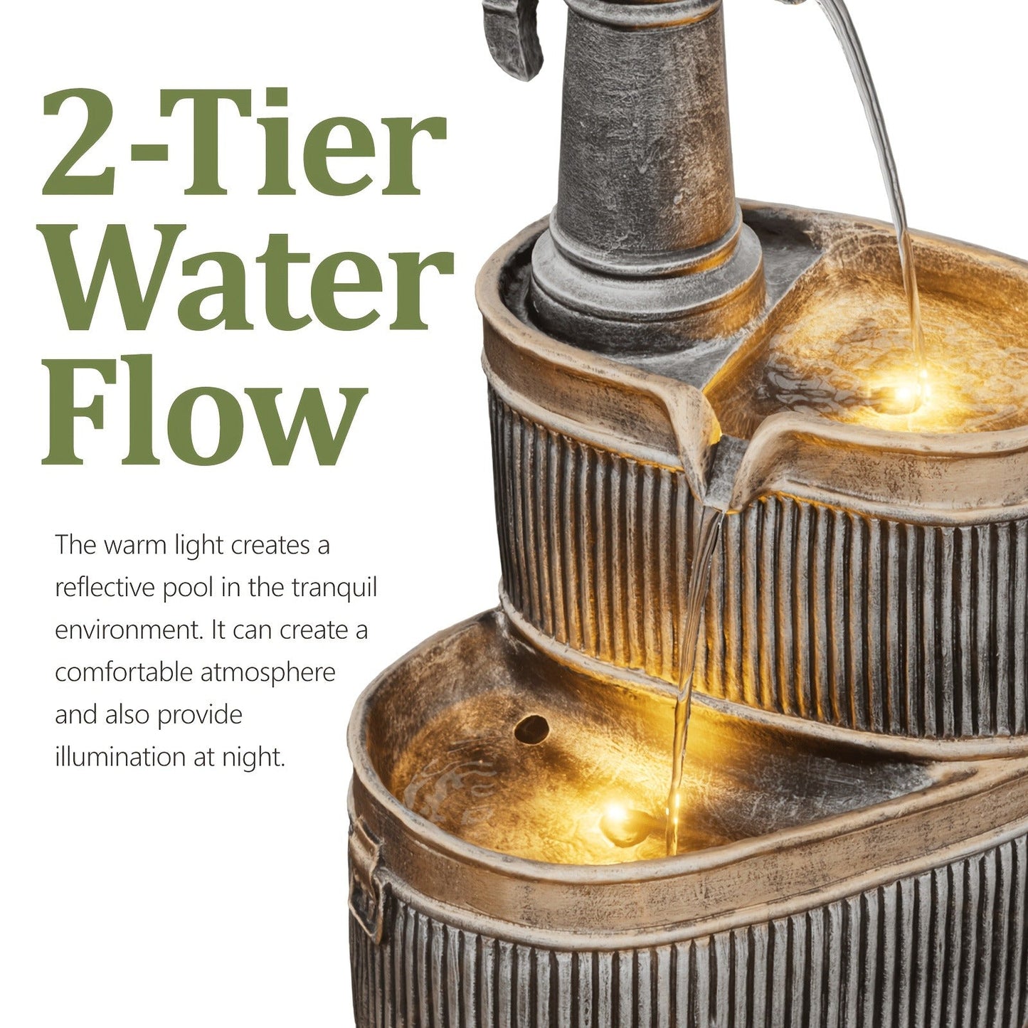 Outdoor Water Fountain 2-Tier Barrel with LED Light & Pump - Rustic Resin Garden Fountain for Patio