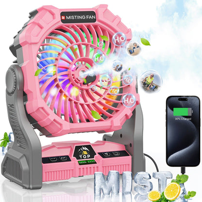 Rechargeable Camping Fan 20000mAh with Misting, Power Bank, RGB Light, 4 Speeds & Tent Hook for Outdoor Use