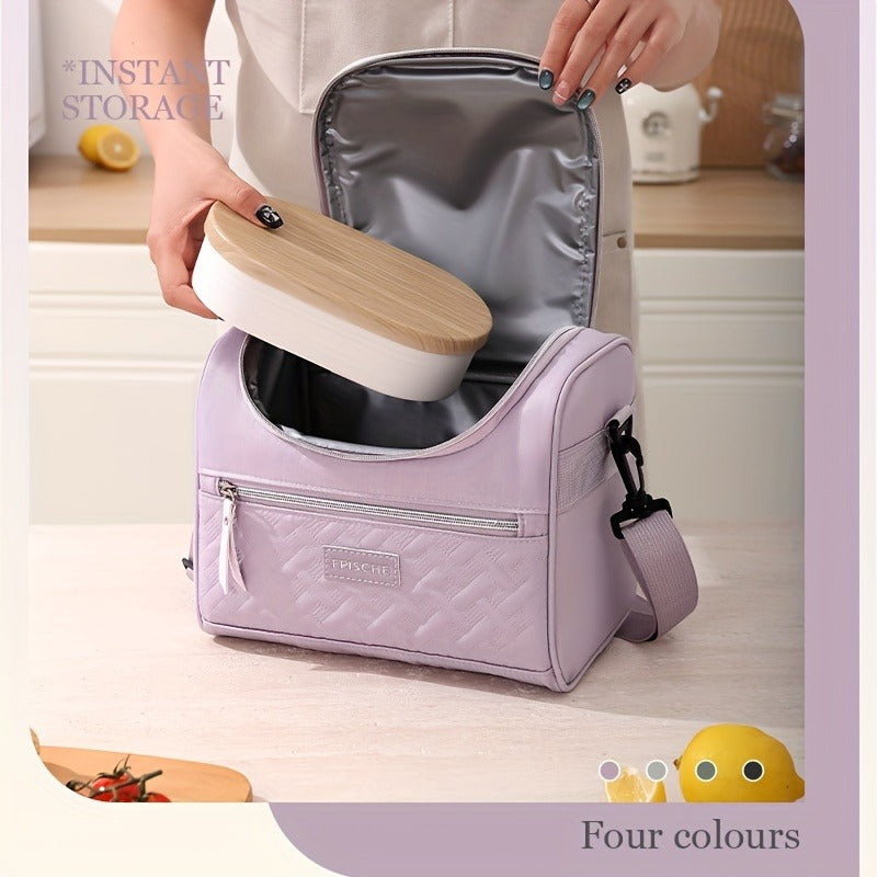 Quilted Lunch Bag Tote with Dual Zippers, Front and Side Pockets, Shoulder Strap and Four Colors