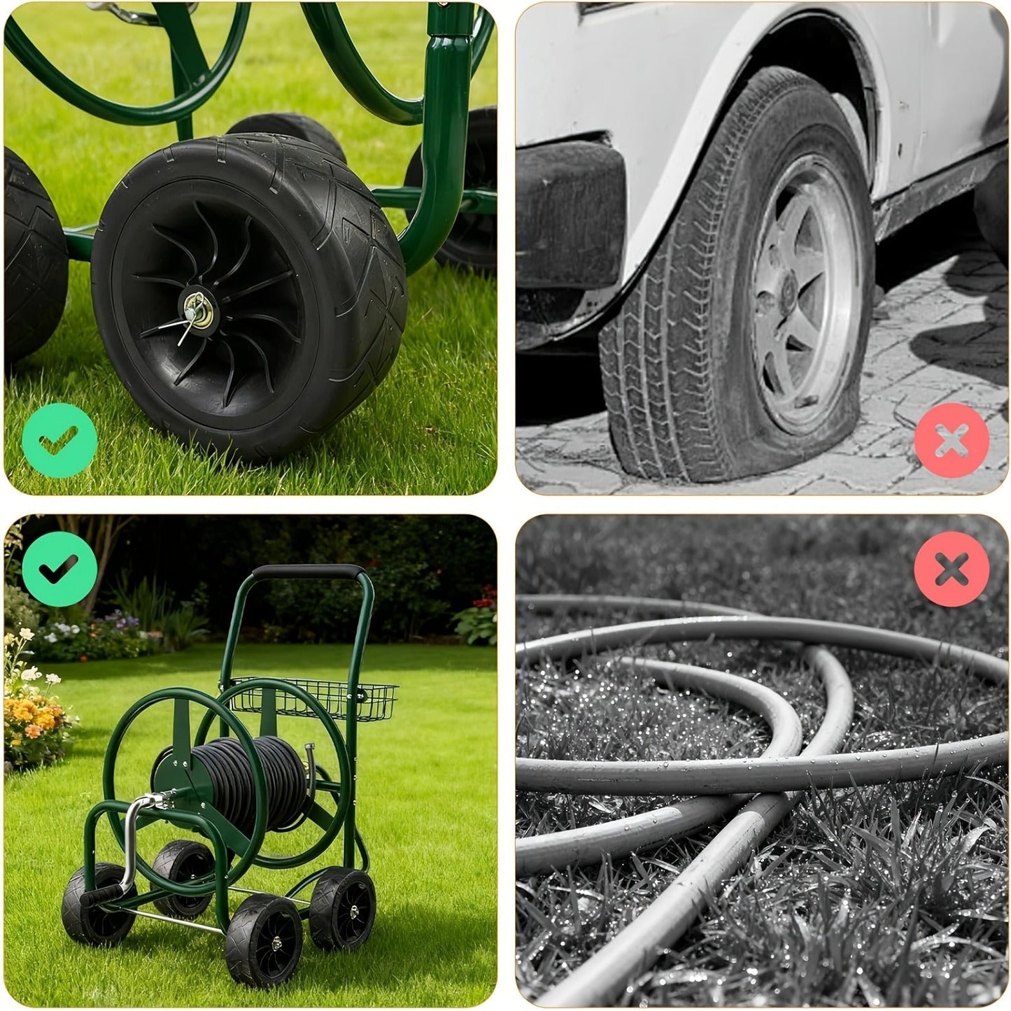 Garden Hose Reel Cart | 250ft Capacity, Heavy-Duty Steel, 4 Wheels & Storage Basket