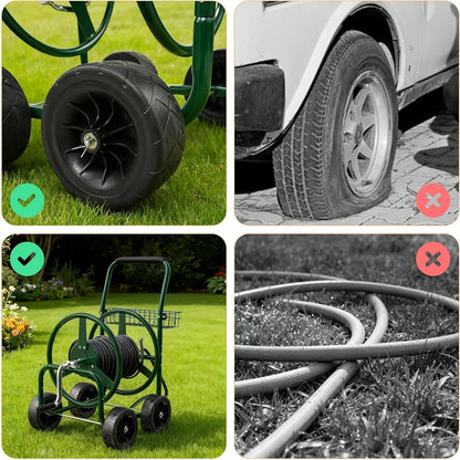 Garden Hose Reel Cart | 250ft Capacity, Heavy-Duty Steel, 4 Wheels & Storage Basket