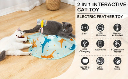 Interactive Cat Toy Electric Motion Activated 2-in-1 Rotating Butterfly & Feather Wand – USB Rechargeable 1200mAh Auto Shut-Off 3 Speed