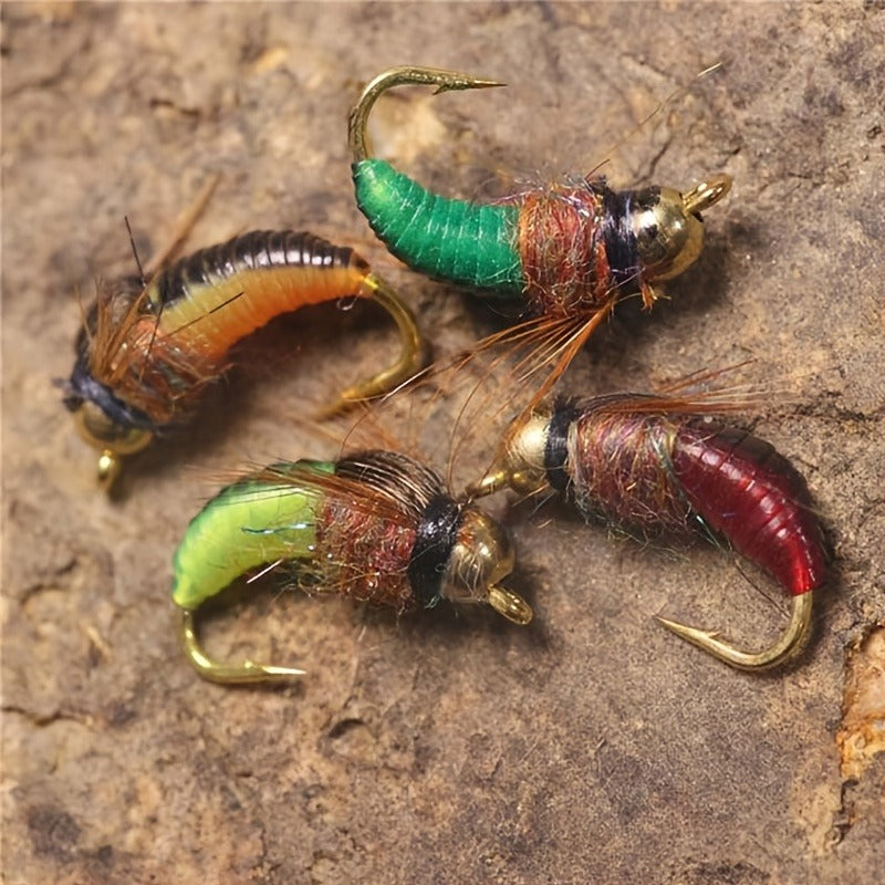 Trout Fly Fishing Flies Kit 24pcs – Brass Bead Head Caddis Nymph Lures Mixed Styles with Tackle Box, High Carbon Steel #10 Hooks for Bass