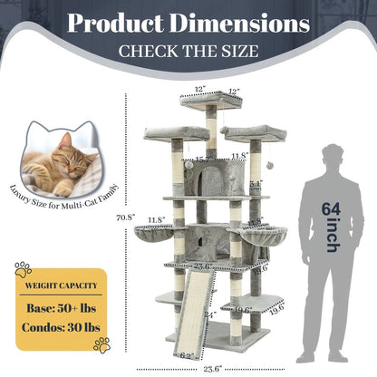 Large Multi-Level Cat Tree Tower – 68–81 Inch Tall Cat Condo with 2 Condos, 3 Plush Perches, Scratching Posts & Cat Hair Brush