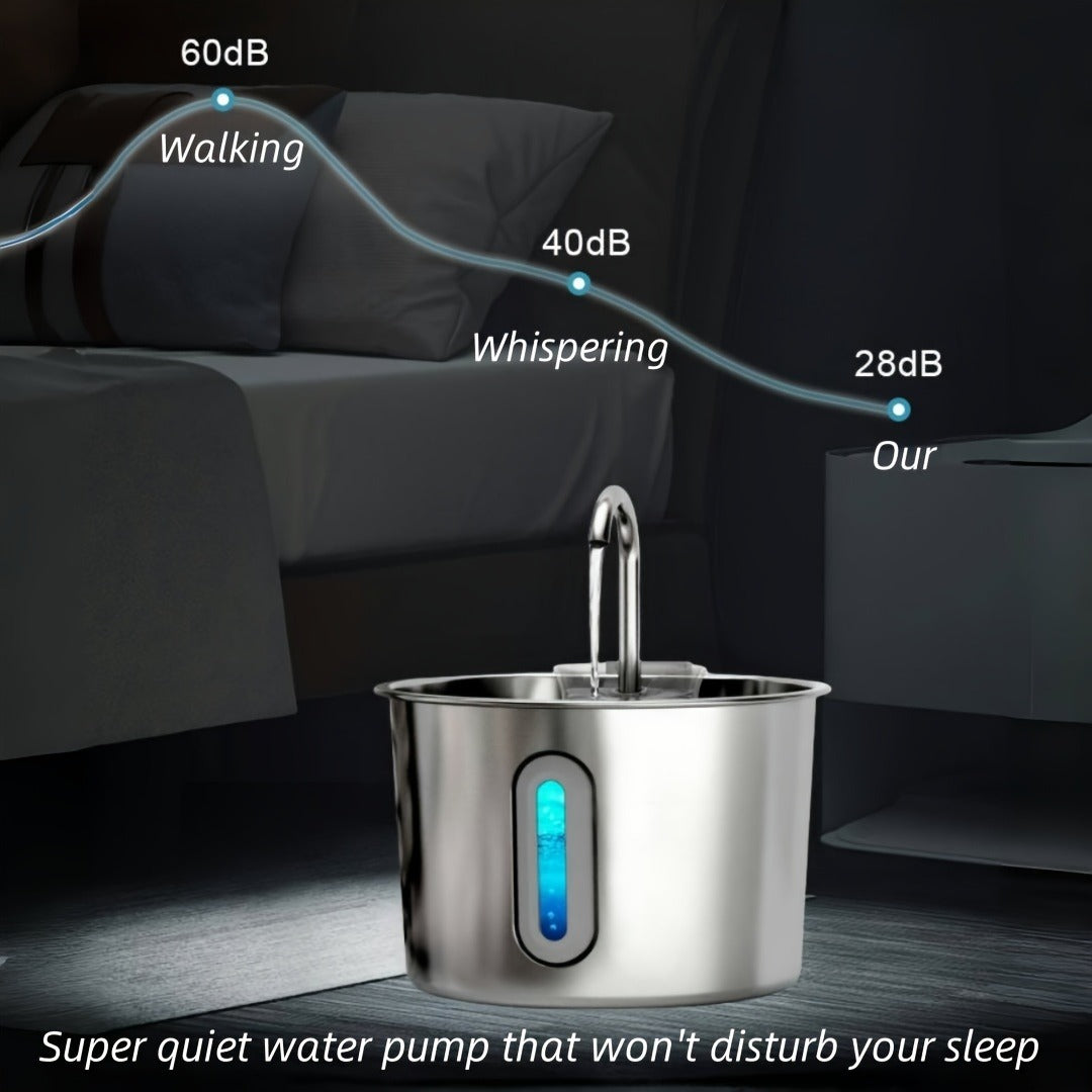 Stainless Steel Cat Water Fountain 74oz – 304 Food-Grade Steel, Ultra-Quiet USB Pump, 3-Stage Filtration, Visible Water Level Window
