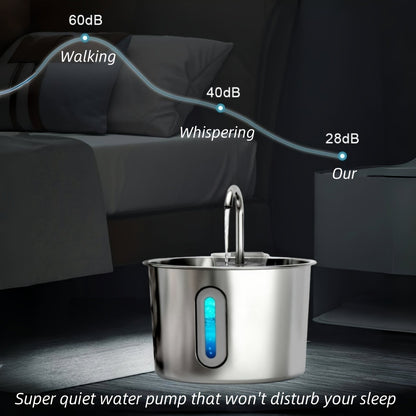 Stainless Steel Cat Water Fountain 74oz – 304 Food-Grade Steel, Ultra-Quiet USB Pump, 3-Stage Filtration, Visible Water Level Window