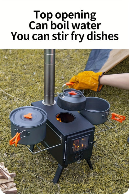 Portable Wood Stove with Chimney Pipe Set, Folding Legs, Side Shelves and Silver or Black Finish Options