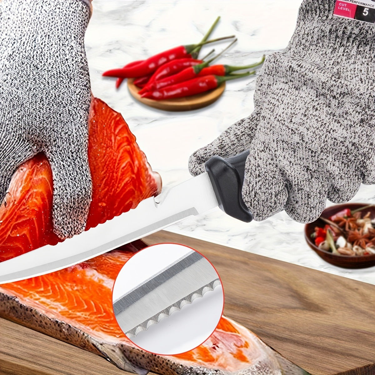 Fishing Knife Set 3-Piece Stainless Steel Fillet Boning Knife with Cut Resistant Gloves Fishing Line Cutter Stretch Rope for Fishing Camping