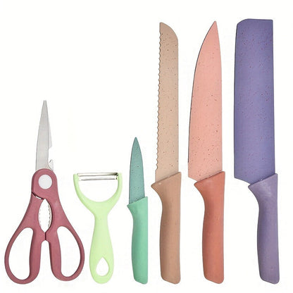 Seven-Piece Kitchen Knife Set with Four Pastel Knives, Kitchen Scissors, Peeler and Cutting Board