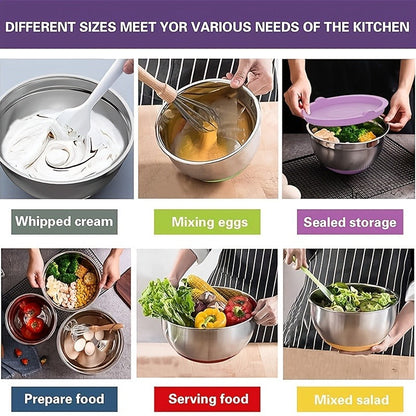 Stainless Steel Mixing Bowls Set with Airtight Lids 7 Piece, Stackable Nesting Bowls with Measuring Spoons Whisk Spatula Tongs Basting