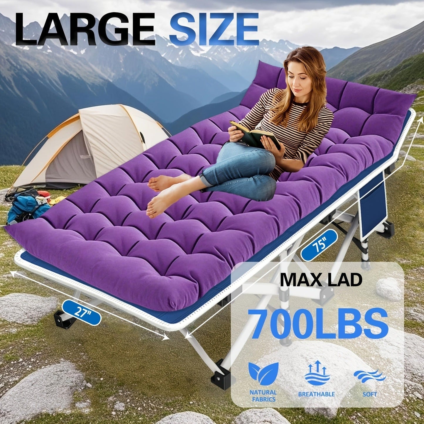 Padded Folding Camping Cot in Standard or XXL Sizes with Blue, Purple, Brown and Two-Pack Options