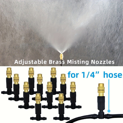 Outdoor Misting Cooling System 15m – 1/4" Brass Nozzles, 4/7mm Hose, Patio Garden Greenhouse