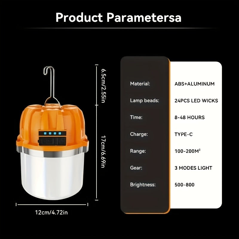 Orange Hanging Camping Lantern with Three Brightness Settings, Type-C Charging Port and Integrated Hook