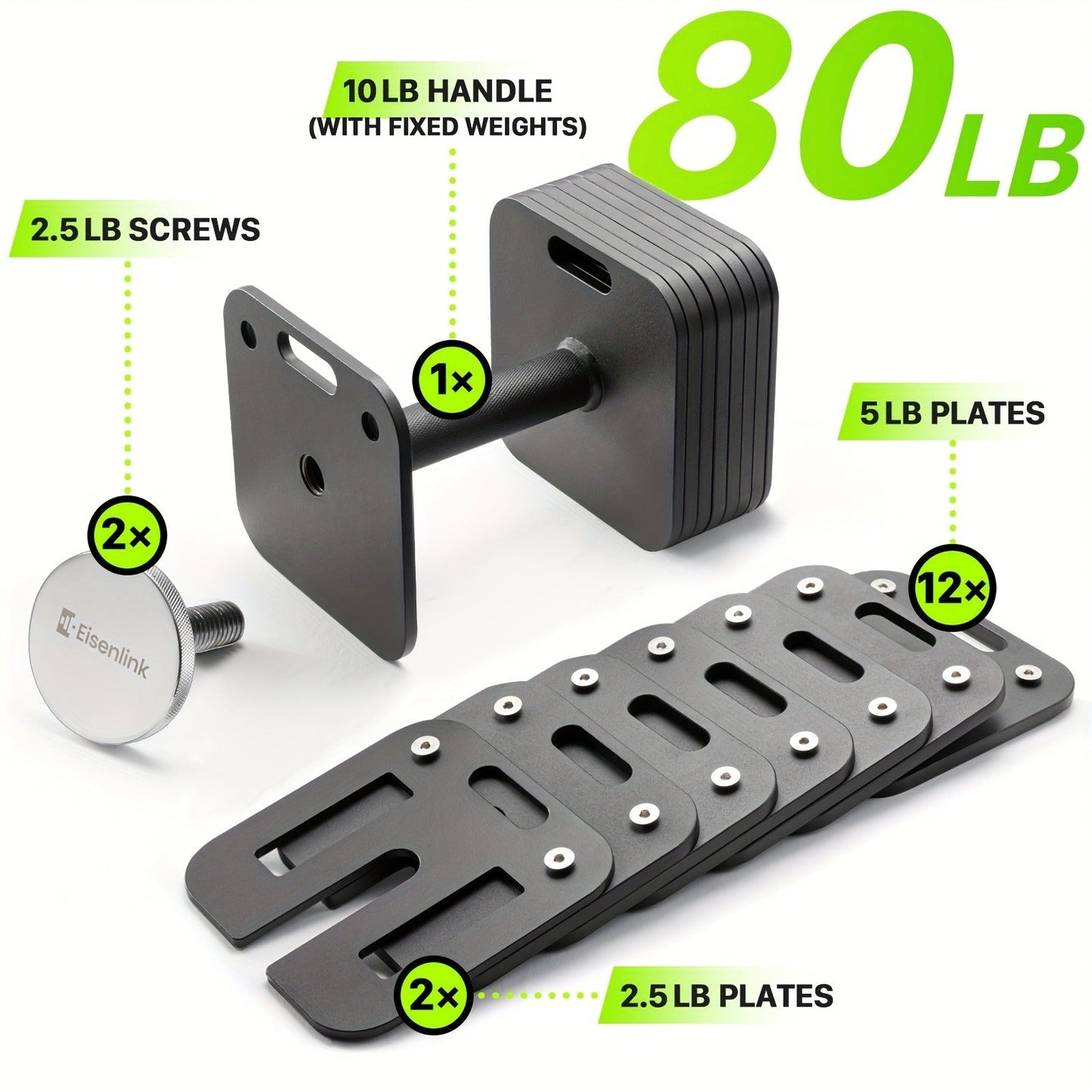 Quick-Lock Adjustable Dumbbell Set 10–80LB – 5LB Increments Square Weight Plates for Home Gym Fitness, Compatible Longer Screws & Add-On