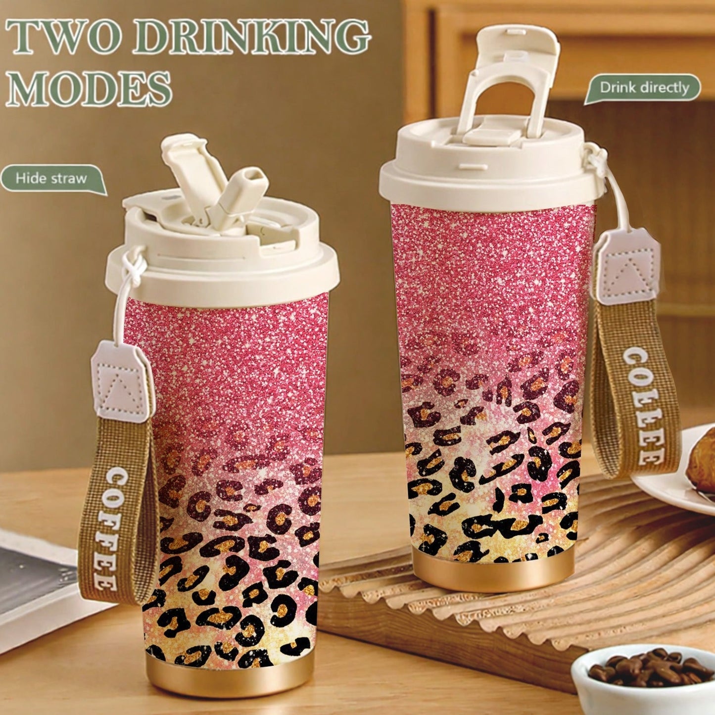 Glitter Leopard Print 18oz Stainless Steel Tumbler with Fold-Down Straw Lid and Carry Strap