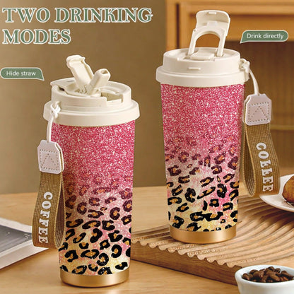 Glitter Leopard Print 18oz Stainless Steel Tumbler with Fold-Down Straw Lid and Carry Strap