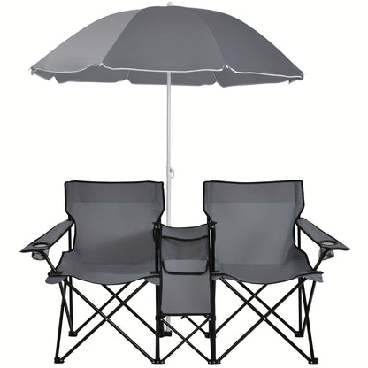 Folding Picnic Chair Set for 2, Umbrella, Cooler Bag & Table, 600 Lbs Capacity, Portable, for Camping, Travel and Outdoor Use