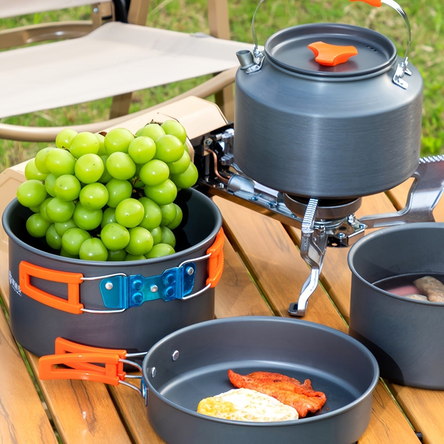 15-Piece Camping Cookware Set with Non-Stick Aluminum Alloy Pots & Pans – Portable Outdoor Cooking Kit with Kettle, Frying Pan, Cooking Pot
