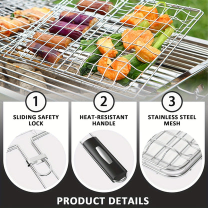 Grill Basket Stainless Steel Folding BBQ Grilling Basket for Fish Chicken Vegetables Shrimp Portable Outdoor Camping Barbecue Accessory 3