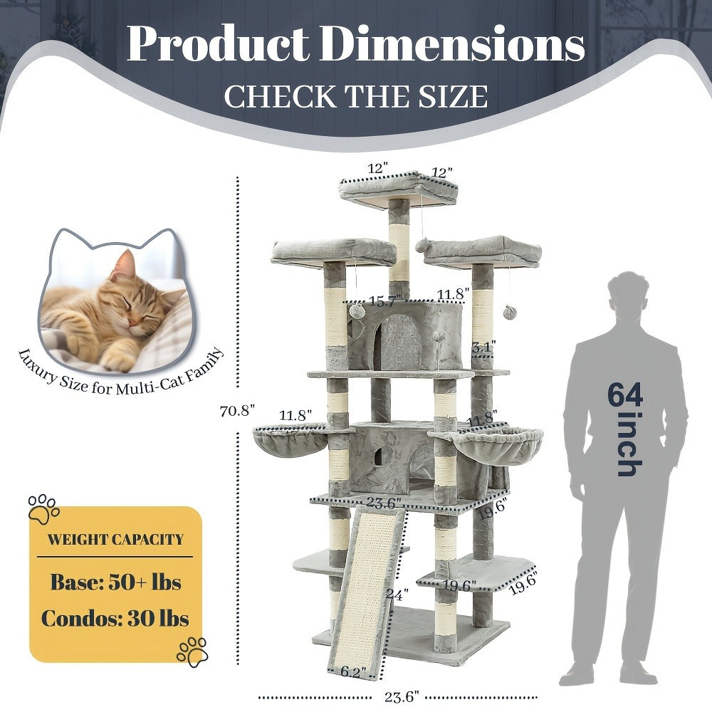 Large Multi-Level Cat Tower with Two Condos, Three Perches, Hammocks and Six Gray, Beige or Taupe Configurations