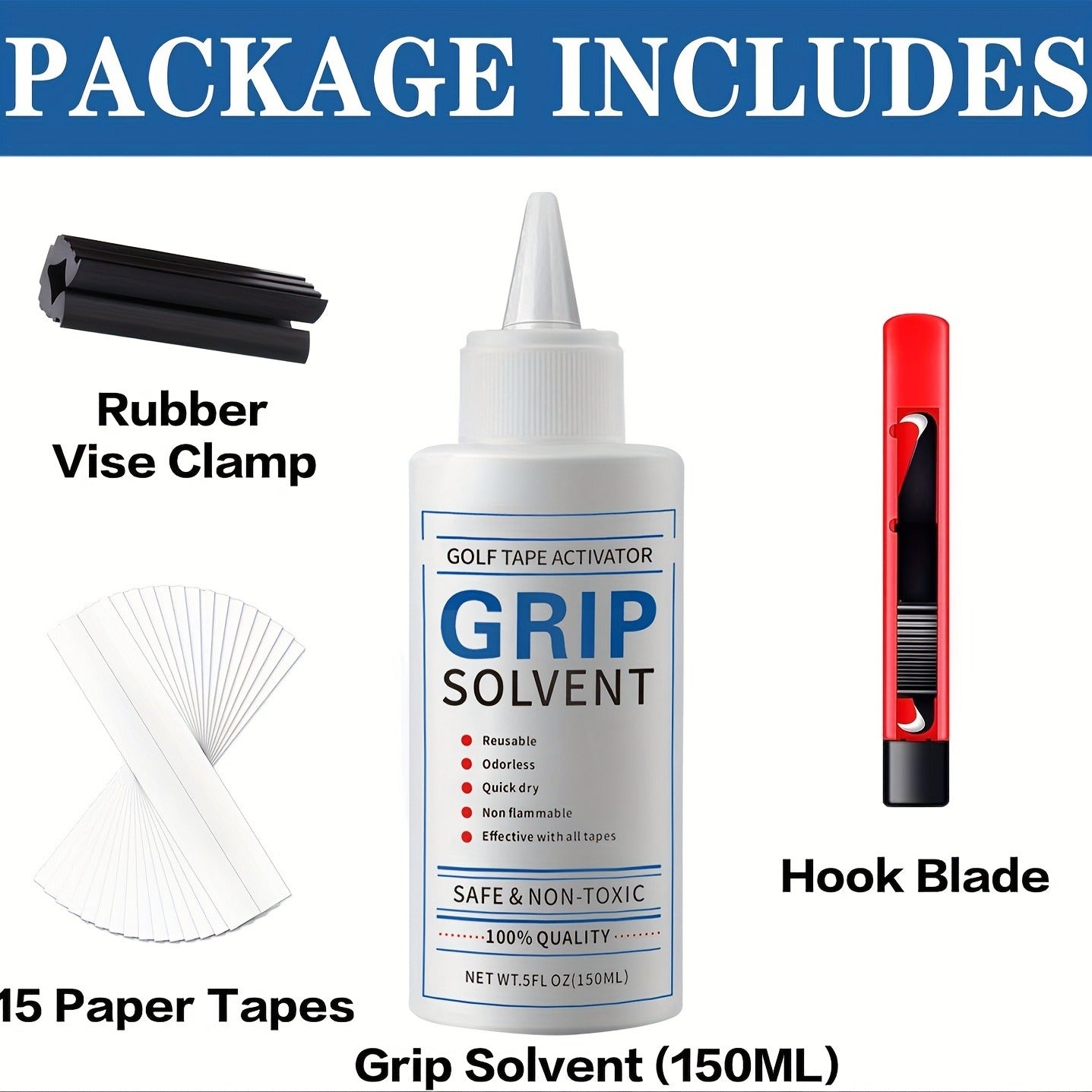 Golf Grip Regripping Kit 4 Sets with Hook Blades Grip Tape Strips Grip Solvent 8oz Rubber Vise Clamp Complete Golf Club Grip Installation