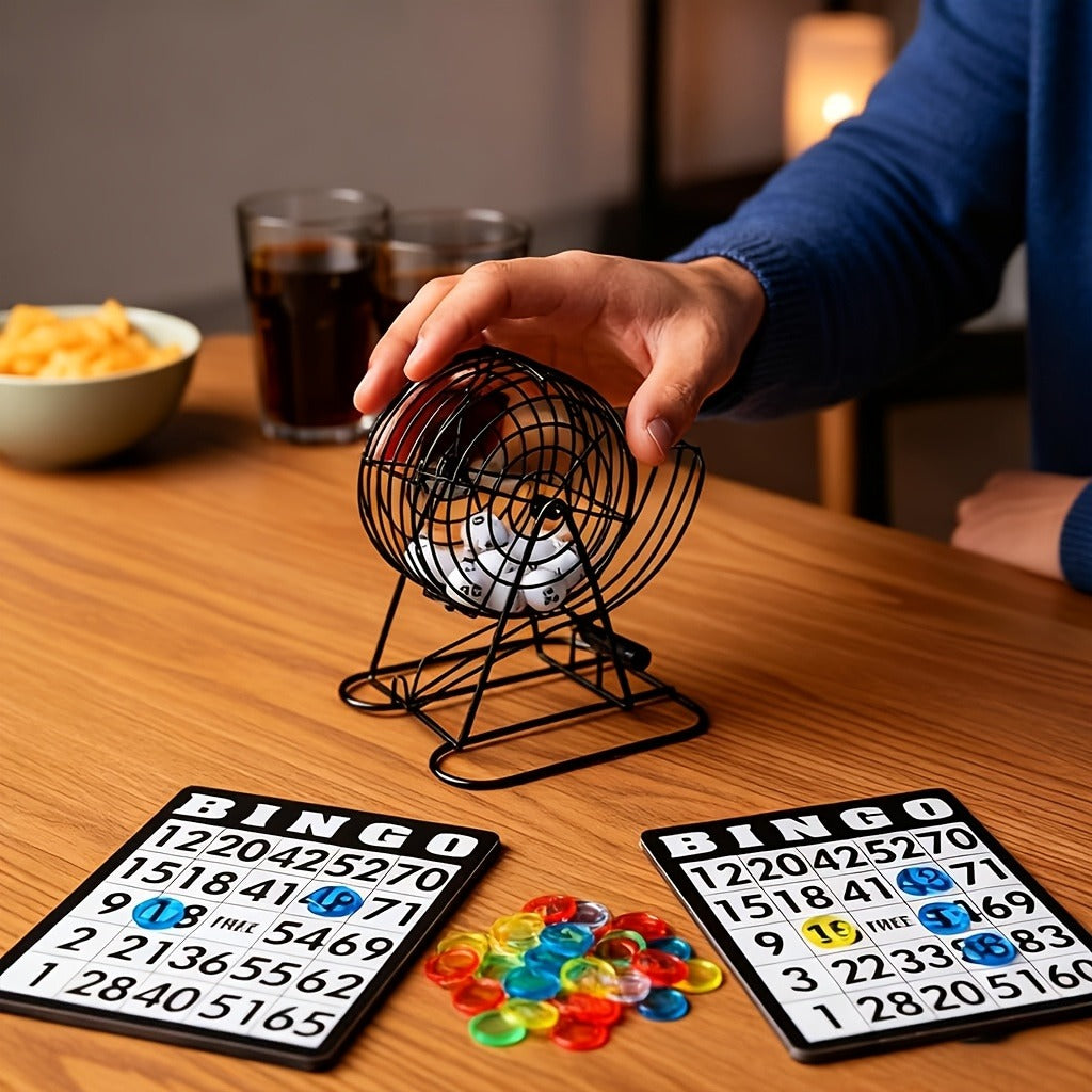 Deluxe Bingo Game Set with Stainless Steel Metal Cage | Includes Bingo Balls Cards & Colorful Chips | Classic Family Board Game for Game