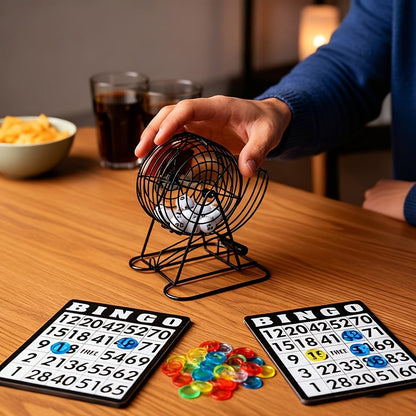 Deluxe Bingo Game Set with Stainless Steel Metal Cage | Includes Bingo Balls Cards & Colorful Chips | Classic Family Board Game for Game