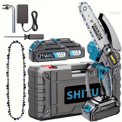 Handheld Electric Chainsaw, Mini Cordless Portable Tree Cutter with Splash Guard, Security Lock, Rechargeable Battery Options