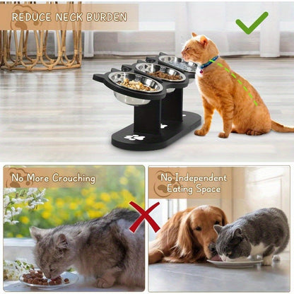Elevated Cat Bowl Stand with Tilted Stainless Steel Bowls – Adjustable Raised Feeder, Anti-Spill, Black Wood Base for Cats & Small Dogs