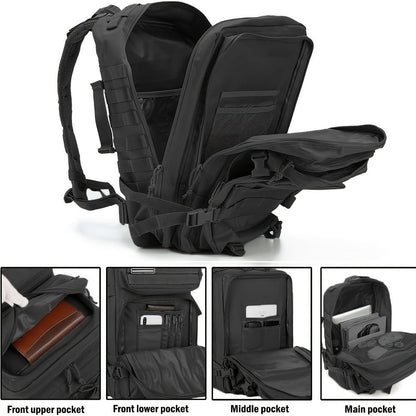 45L-Labeled Tactical Backpack with Front Utility Pockets and Black, Green, Khaki or Purple Options