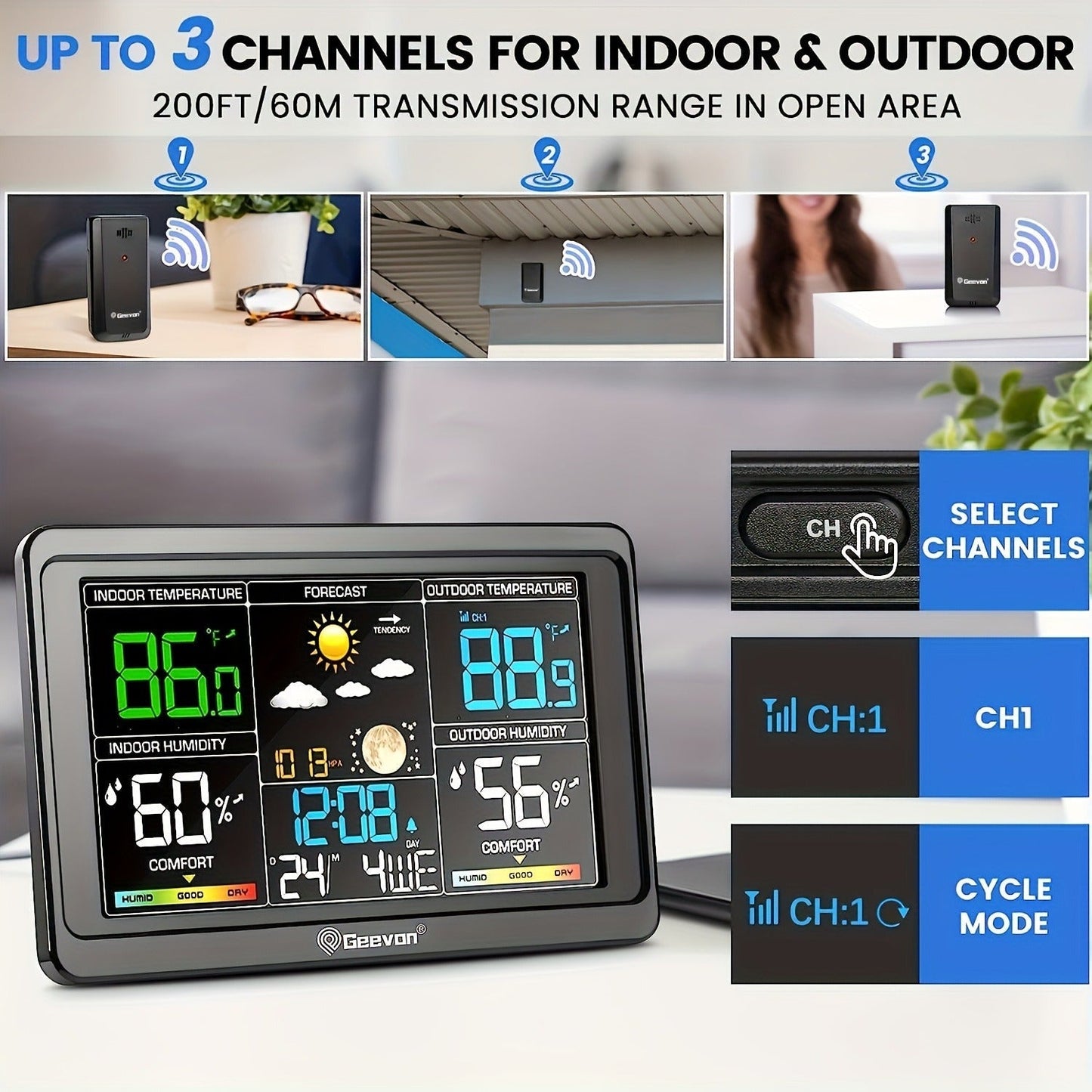 Wireless Weather Station – Indoor Outdoor Thermometer with 7.6" LCD, Barometer, Humidity, Moon Phase & USB Charging