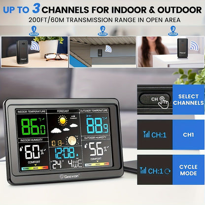 Wireless Weather Station – Indoor Outdoor Thermometer with 7.6" LCD, Barometer, Humidity, Moon Phase & USB Charging
