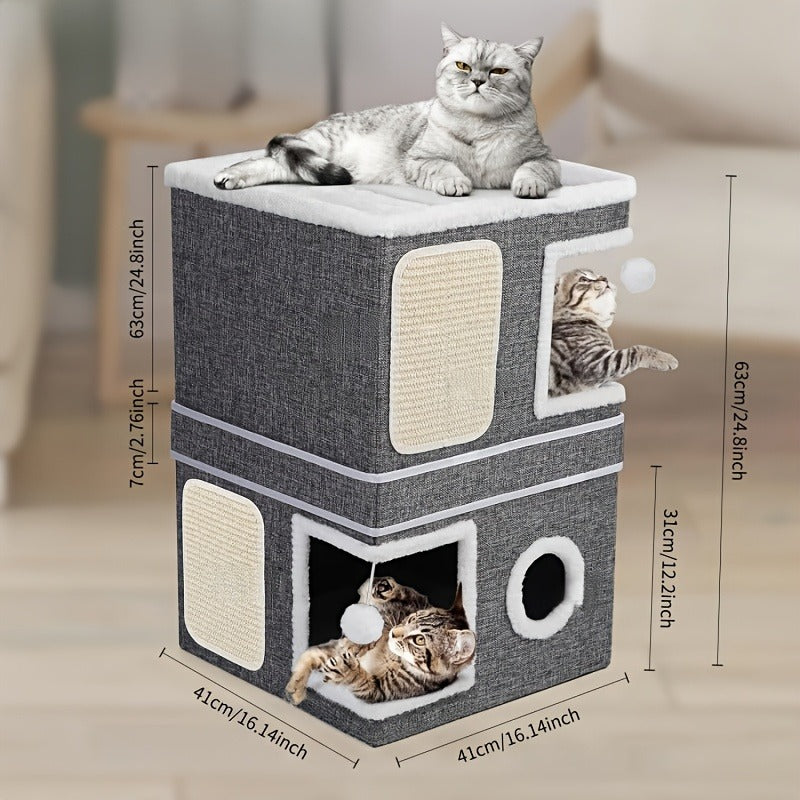 Multi-Tier Cat House & Indoor Cat Cube Bed – Foldable 2-Level Cat Tree with Scratching Post, Toy Tunnel & Plush Hanging Ball