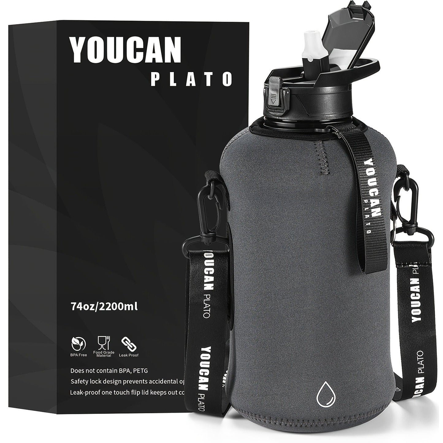 Half Gallon Water Bottle 74oz with Insulated Sleeve, Straw & Time Marker – BPA Free Leakproof Large Sports Jug with Carrying Handle & Strap