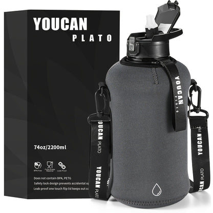 Half Gallon Water Bottle 74oz with Insulated Sleeve, Straw & Time Marker – BPA Free Leakproof Large Sports Jug with Carrying Handle & Strap