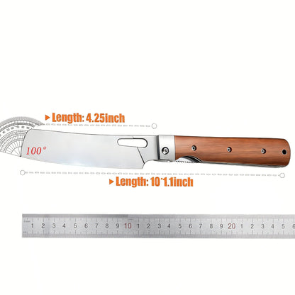 Folding Nakiri Kitchen Knife with 440C Stainless Steel Label, Wood-Look Handle, Drawstring Pouch and Box