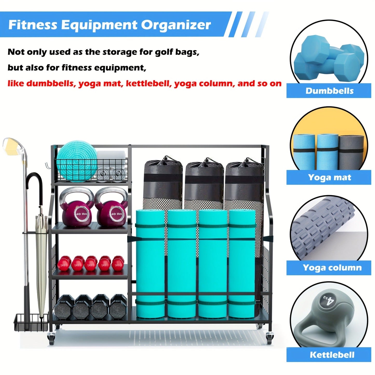 Golf Bag Storage Rack & Organizer for Garage – Extra Large Golf Club Holder Stand for 2 Bags, Heavy Duty Golf Equipment Accessories