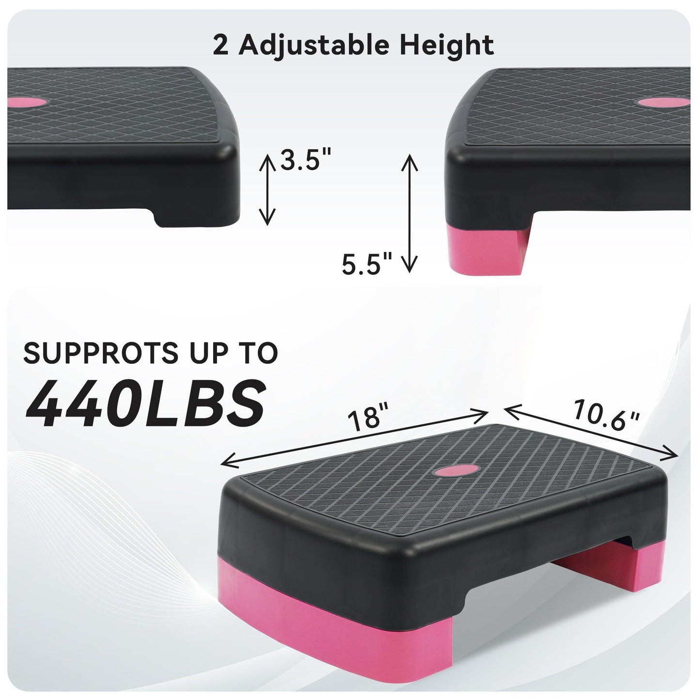 Aerobic Step Platform Adjustable Height with 2 Risers – Non-Slip Workout Stepper 18"x11", 440 LB Capacity
