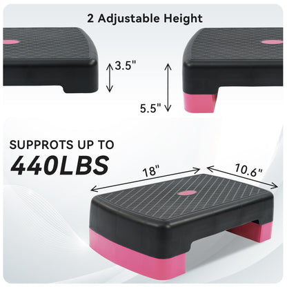 Aerobic Step Platform Adjustable Height with 2 Risers – Non-Slip Workout Stepper 18"x11", 440 LB Capacity