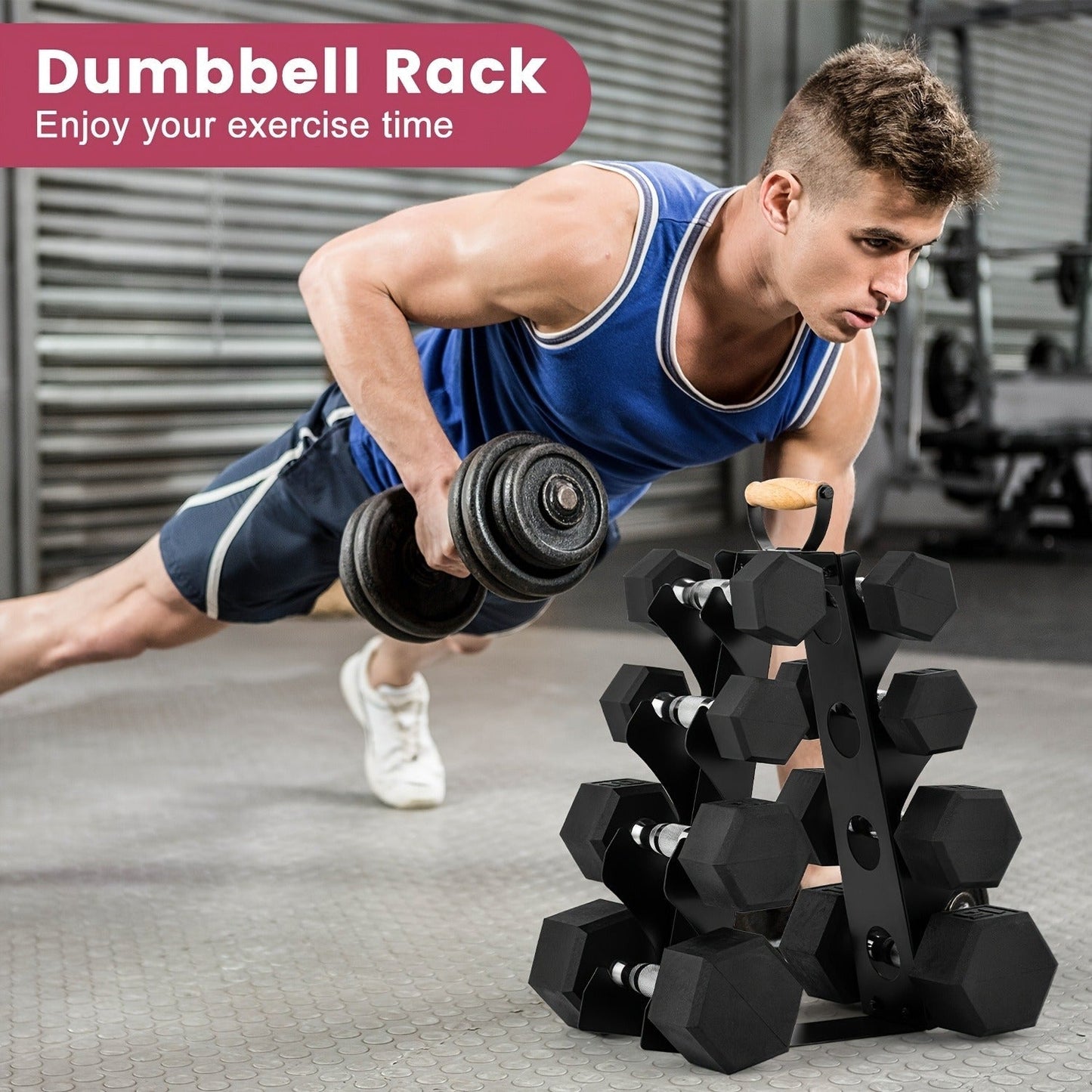 Weight Rack Stand 4-Tier A-Frame with Wooden Handle – Space-Saving Dumbbell Storage for Home Gym, Holds 5–15LB Hex & Rubber Dumbbells