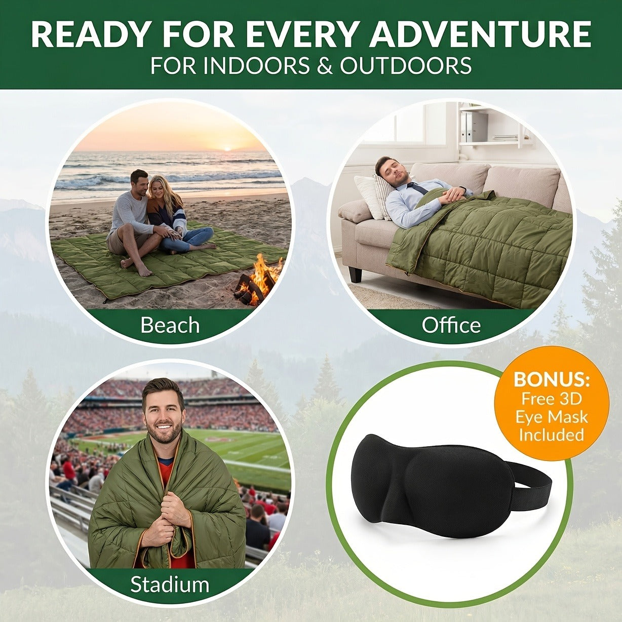 Puffy Camping Blanket Foldable Lightweight Water Resistant with 3D Eye Mask – DWR Coated Outdoor Blanket for Camping, Hiking, Travel, Beach