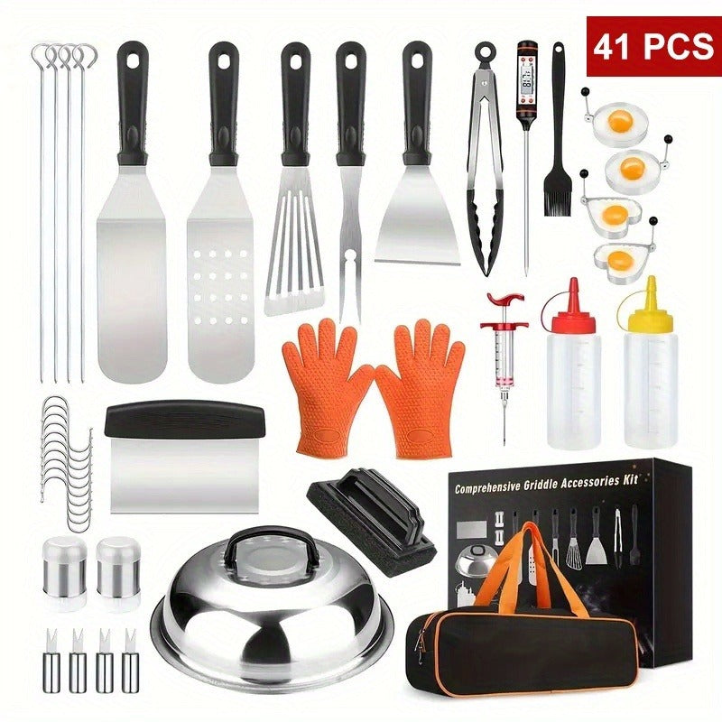 17-, 34- or 41-Piece Teppanyaki BBQ Tool Set with Griddle Spatulas, Press Domes and Carry Bag