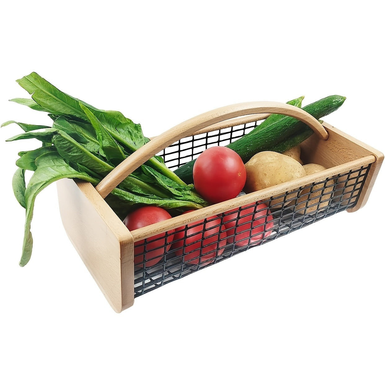 Garden Harvest Basket Metal Mesh with Wooden Handle – Rectangle Vegetable Fruit Picking Basket for Garden, Kitchen & Farmhouse Storage