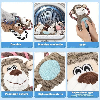 Dog Chew Toys, Squeaky Plush Rope Dog Toy Set with Animal Print for Aggressive Chewers – 6 8 or 10 Pack Interactive Tug-of-War Chew Toys