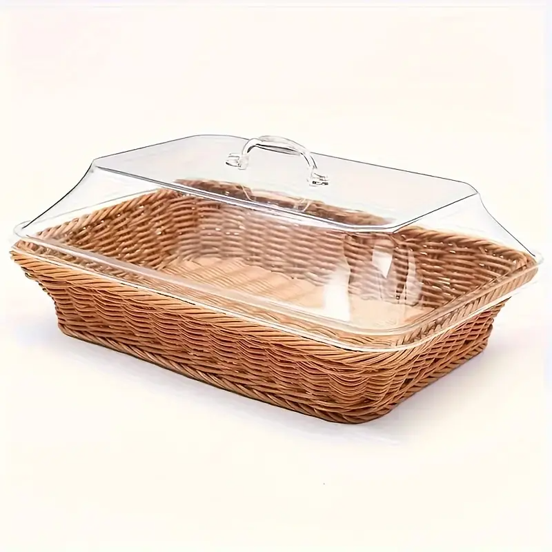 Wicker Bread Basket with Clear Acrylic Lid Rattan Storage Basket Washable Food Tray for Bread Fruit Desserts Kitchen Picnic Home Display