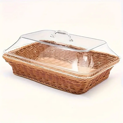 Wicker Bread Basket with Clear Acrylic Lid Rattan Storage Basket Washable Food Tray for Bread Fruit Desserts Kitchen Picnic Home Display