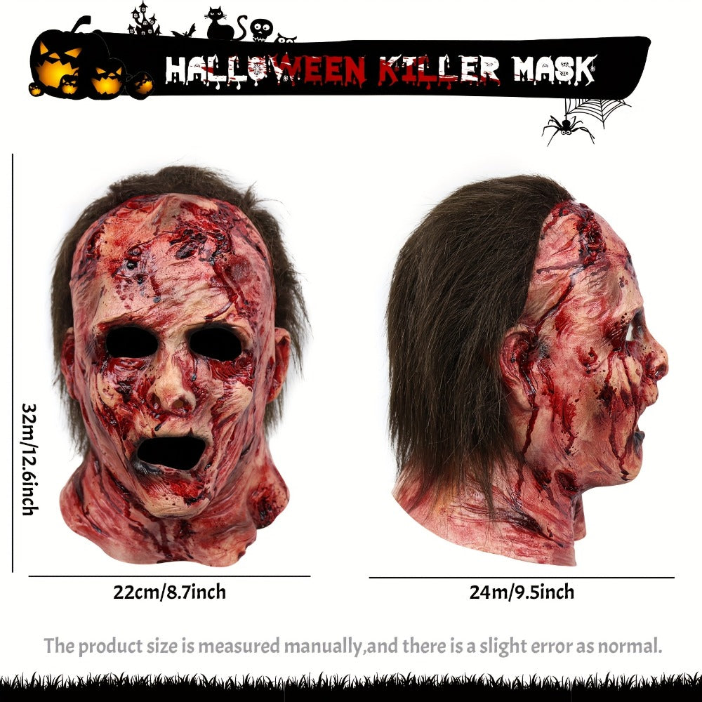 Bloody Decayed Face Full-Head Halloween Mask with Dark Hair, Open Eyes and Mouth for Adult Horror Costumes