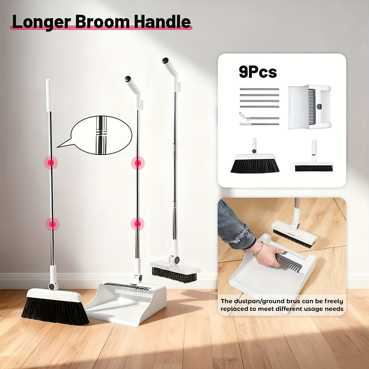 Broom and Dustpan Set with Long Handle - 2-in-1 3-in-1 4-in-1 Foldable Broom Dustpan Combo with Floor Brush for Home Office Dorm Room