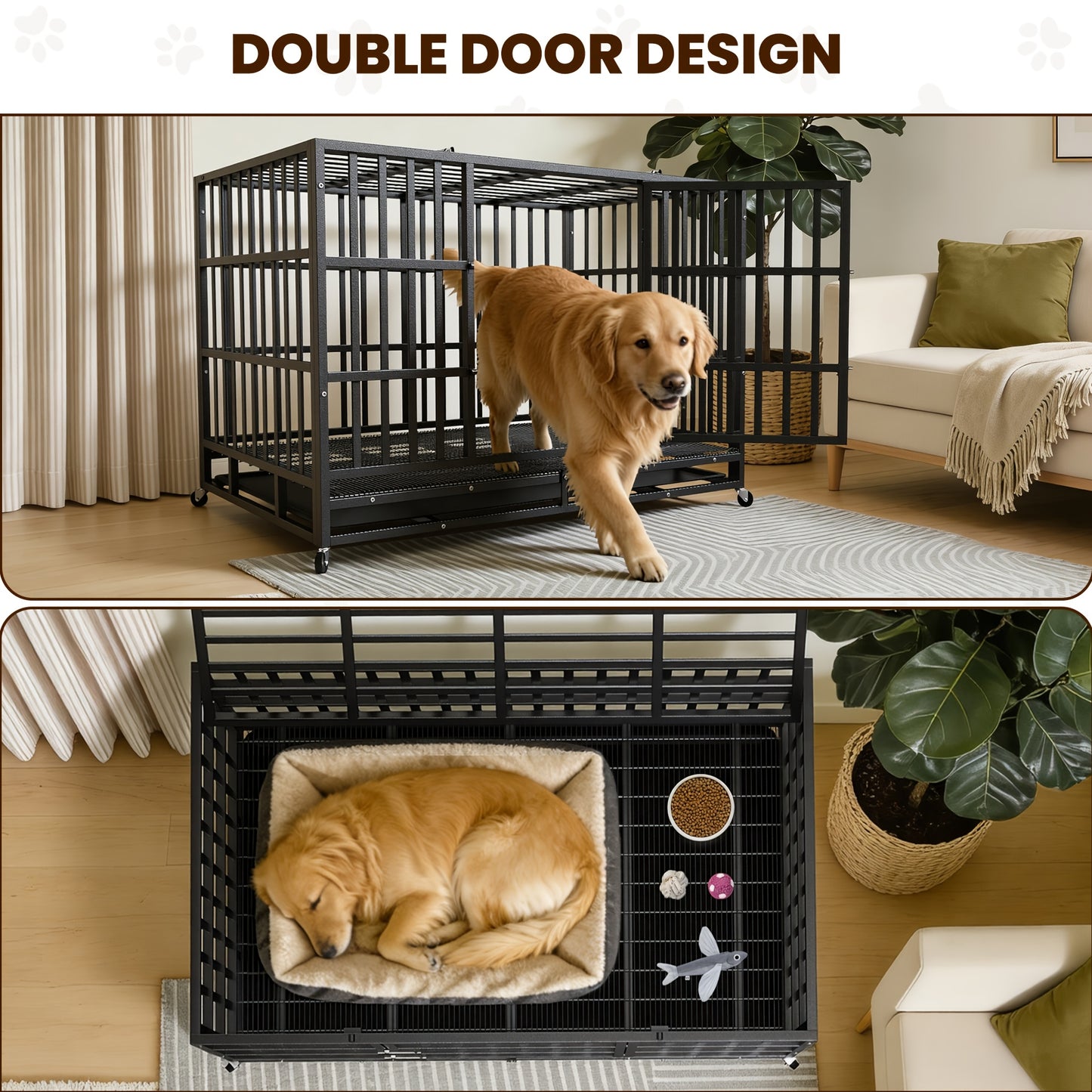 Heavy Duty Escape-Proof Dog Crate with Wheels & Removable Tray – Double Door Indoor Kennel for Large & XL Dogs | 42IN & 48IN
