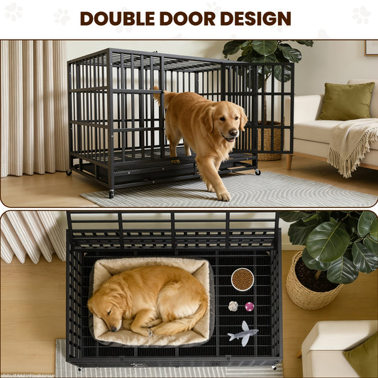 Heavy Duty Escape-Proof Dog Crate with Wheels & Removable Tray – Double Door Indoor Kennel for Large & XL Dogs | 42IN & 48IN